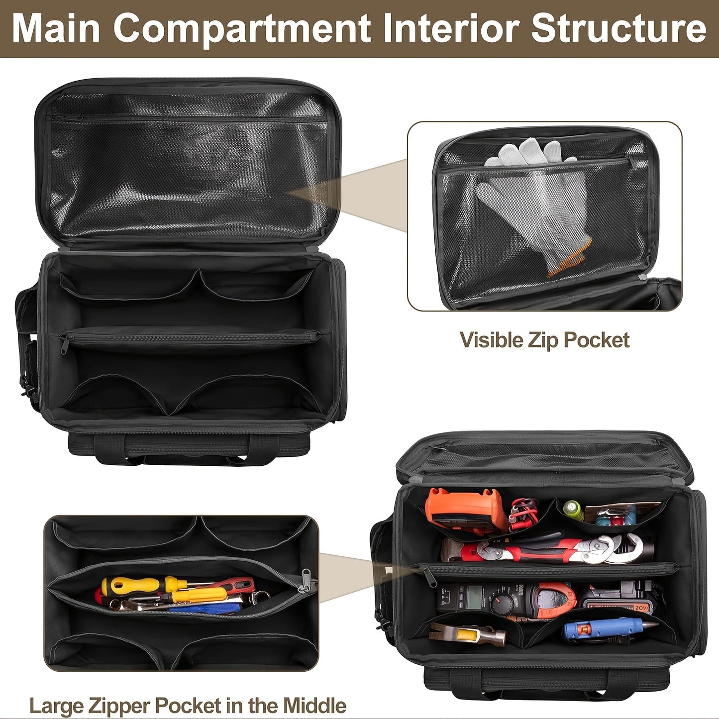 Heavy-duty 14-inch tactical tool bag with scratch-resistant bottom, durable black work case suitable for electricians, maintenance personnel, and craftsmen - essential multi-compartment tool storage pouch