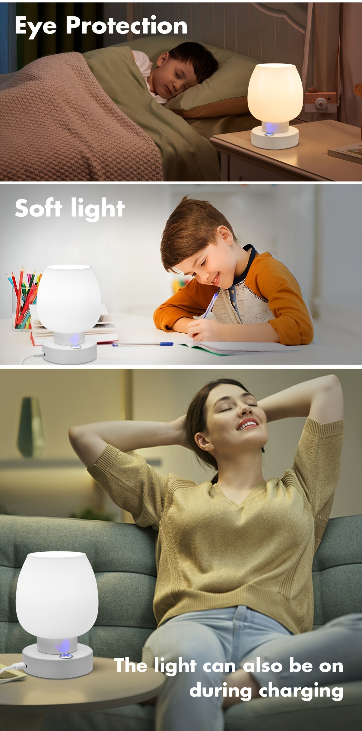 Rechargeable LED Desk Lamp with 3 Color Modes, Adjustable Brightness, Eye-Care Reading Light for Bedroom and Office