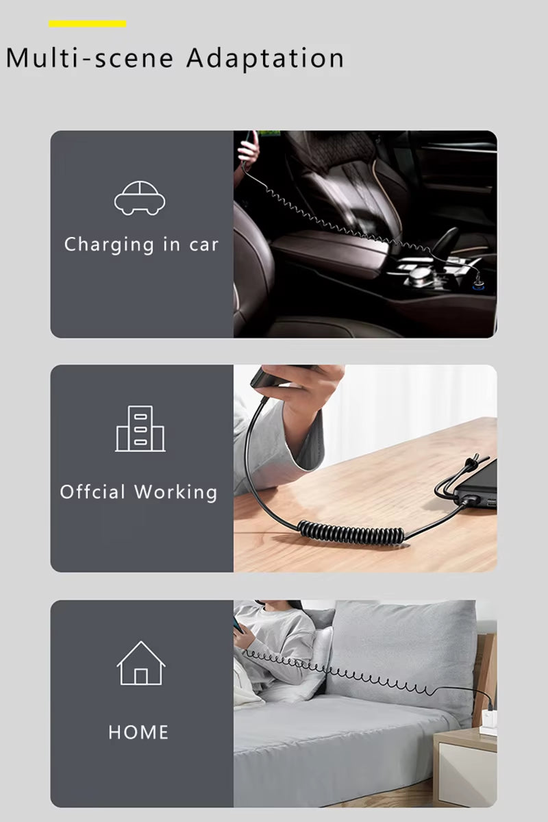 USB Type C 66W Car 5A Fast Charging Type C to Type C Spring Telescopic Cable for Iphone 15 Samsung Huawei Xiaomi Redmi Oneplus