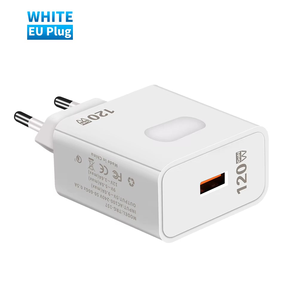 120W Gan USB C Charger QC3.0 Quick Charge Mobile Phones Charger Adaptor 10A Type C Cable for Xiaomi Samsung Iphone Fast Chargers