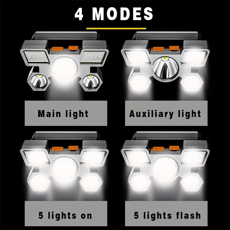 USB Rechargeable Headlamp Portable 5LED Headlight Built In Battery Torch Portable Working Light Fishing Camping Head Light For Travel, Camping, Fishing, Hunting