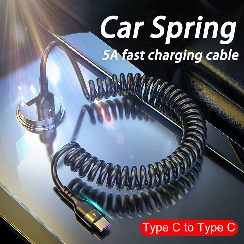 USB Type C 66W Car 5A Fast Charging Type C to Type C Spring Telescopic Cable for Iphone 15 Samsung Huawei Xiaomi Redmi Oneplus