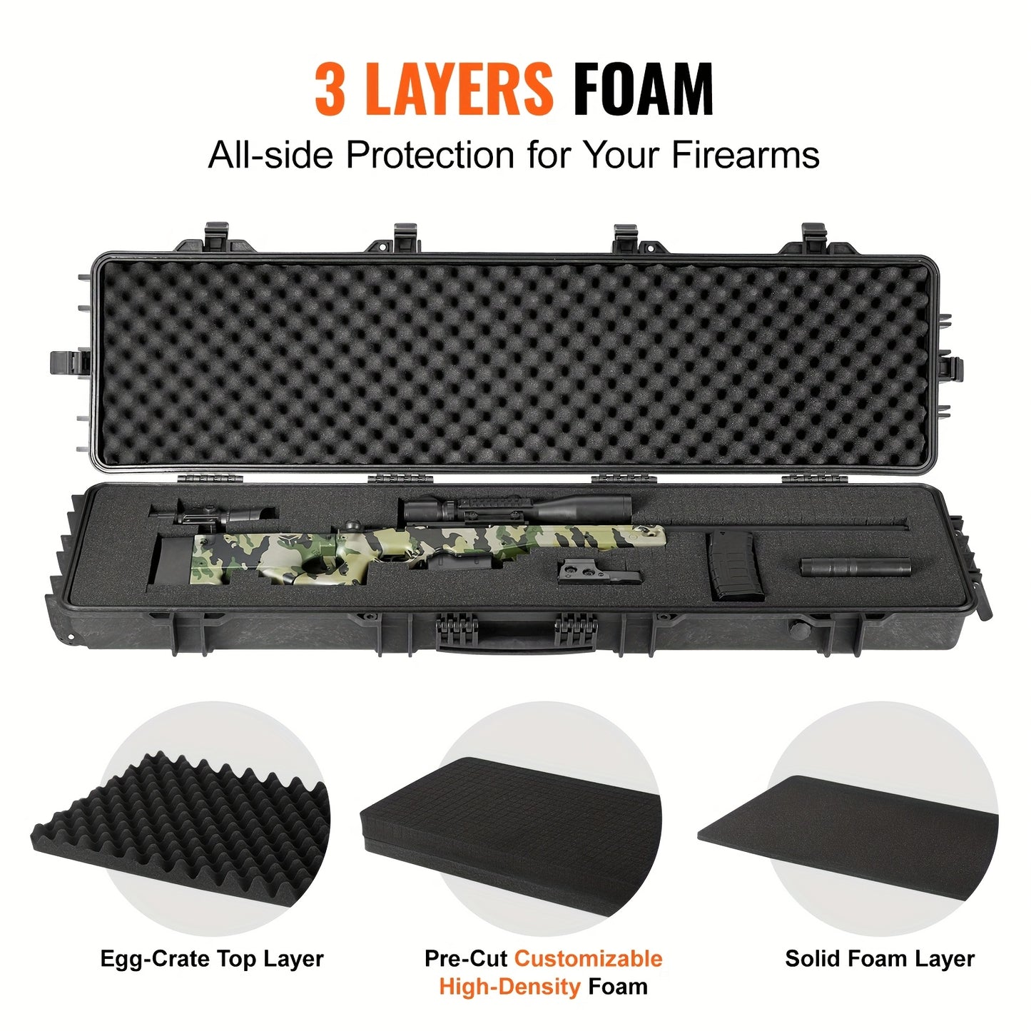 VEVOR 127.0cm Lockable Rifle Case with Wheels, 3-Layer Fully-Protective Foam, High Quality & Crushproof Hard Gun Case for Two Rifles/Shotguns & Airsoft Guns - Hunting & Fishing Gear, Gun Accessories