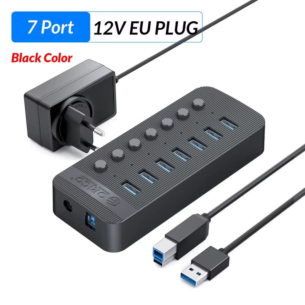 Sub-Brand QIC Industrial USB 3.0 HUB 7 Port 10 Port USB OTG Splitter with 12V Power Adapter Support Charger for Computer