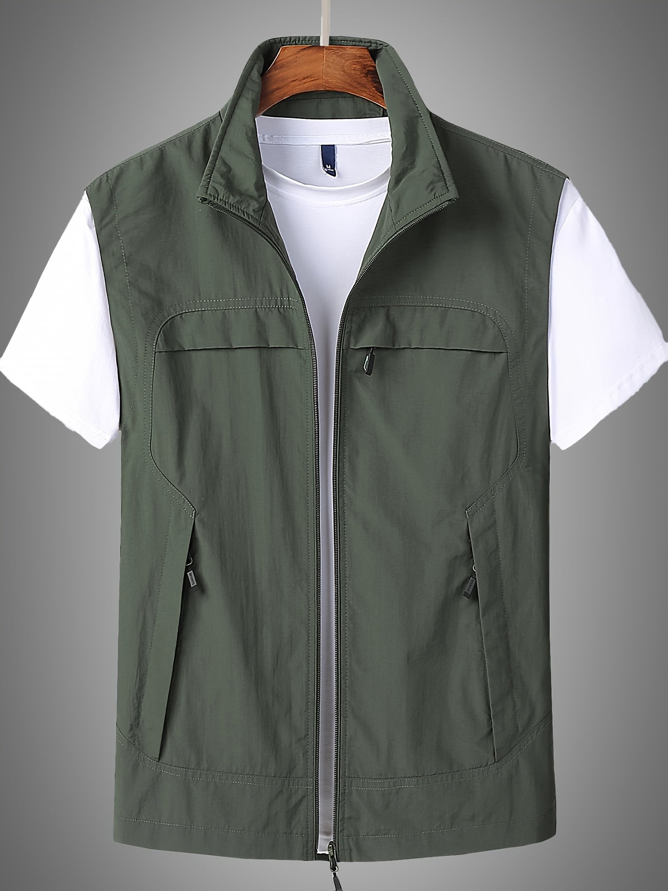 Solid Casual Nylon Men's Zip Up Sleeveless Vest Jacket, Men's Breathable Summer Outdoor Jacket With Multiple Zipper Pockets, Hiking Fishing Camping
