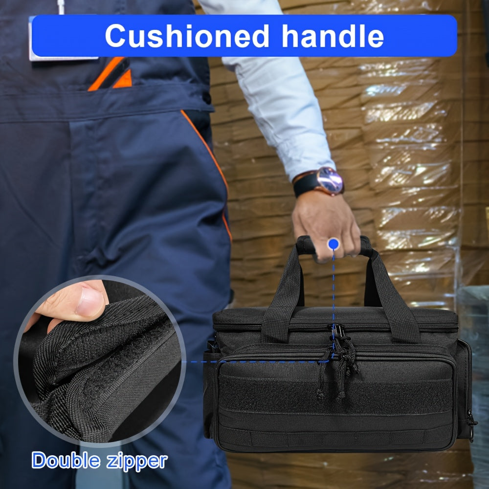 Heavy-duty 14-inch tactical tool bag with scratch-resistant bottom, durable black work case suitable for electricians, maintenance personnel, and craftsmen - essential multi-compartment tool storage pouch