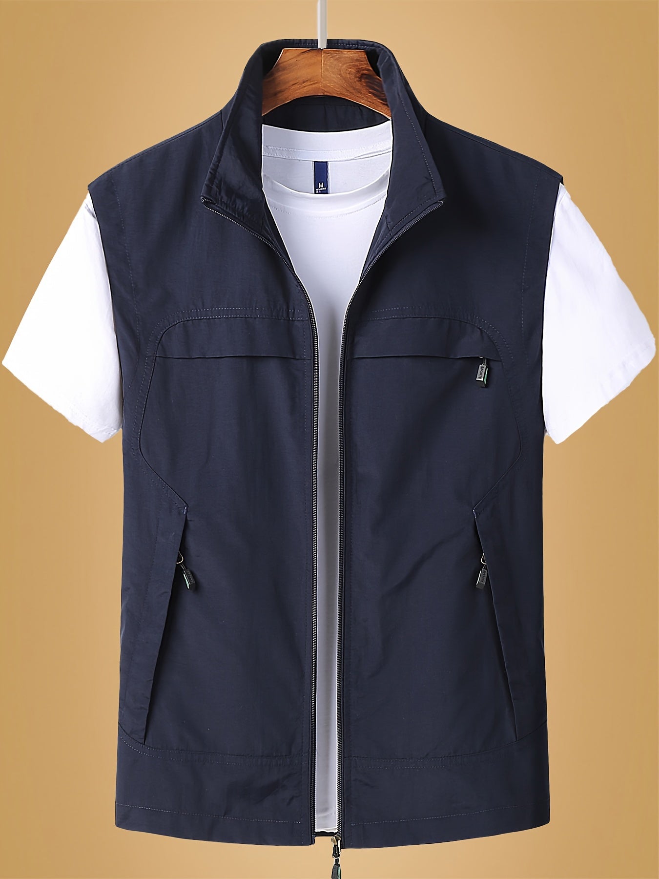 Solid Casual Nylon Men's Zip Up Sleeveless Vest Jacket, Men's Breathable Summer Outdoor Jacket With Multiple Zipper Pockets, Hiking Fishing Camping