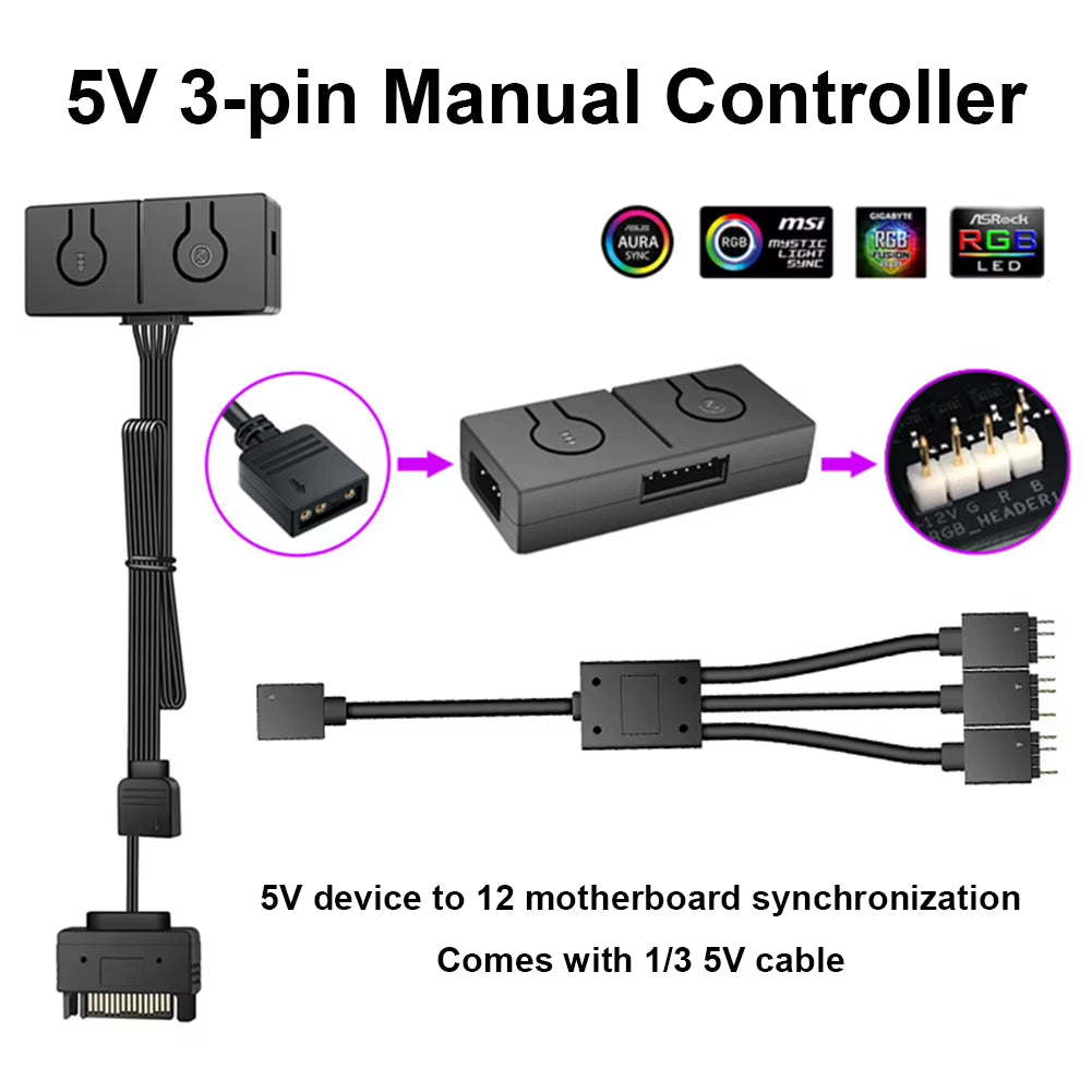 5V/3Pin ADD-RGB to 12V/4PIN Adapter Sync with Motherboard 5V ARGB to 12V RGB Converter Built-In 50 Color Modes