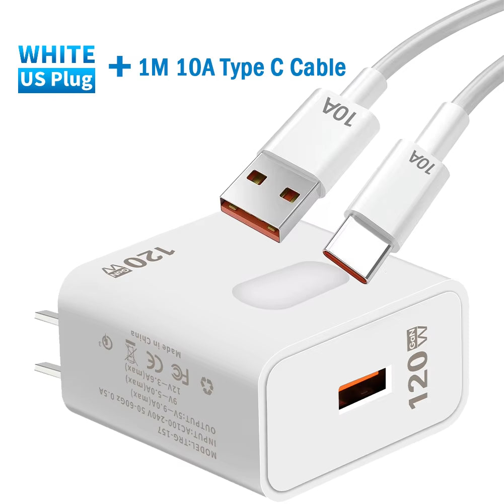 120W Gan USB C Charger QC3.0 Quick Charge Mobile Phones Charger Adaptor 10A Type C Cable for Xiaomi Samsung Iphone Fast Chargers