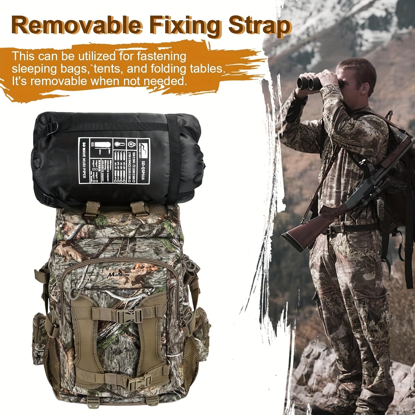 Hunting Backpack, Camo Hunting Pack with Rain Cover, Long-Lasting Large Capacity Hunting Day Pack for Rifle Bow Gun