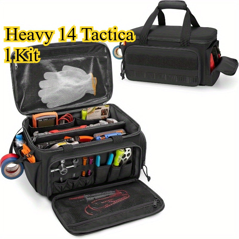 Heavy-duty 14-inch tactical tool bag with scratch-resistant bottom, durable black work case suitable for electricians, maintenance personnel, and craftsmen - essential multi-compartment tool storage pouch