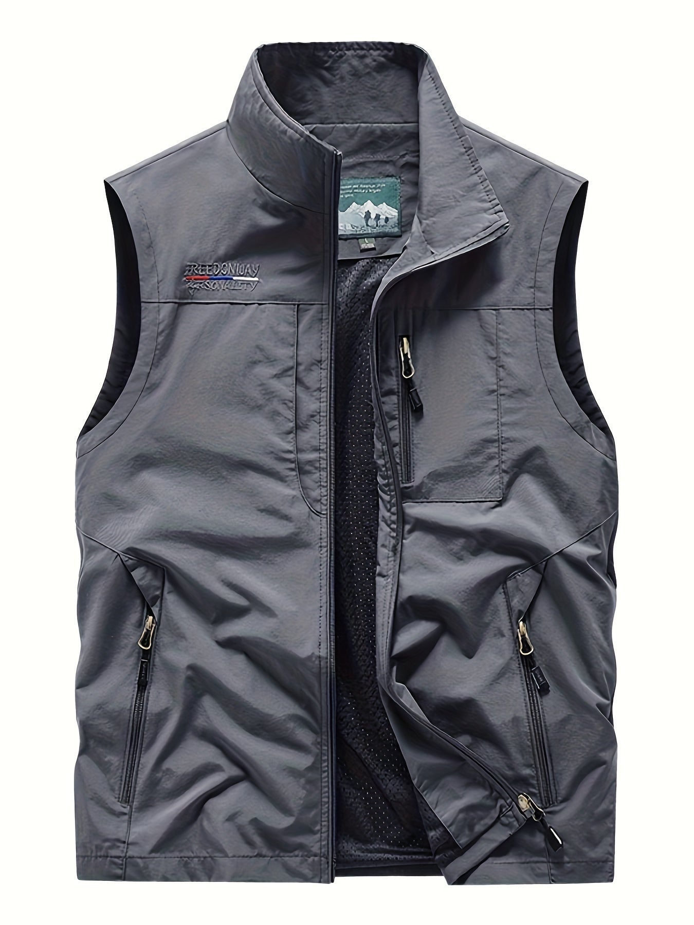 Zipper Pockets Cargo Vest, Men's Casual Outwear Stand Collar Zip Up Vest For Spring Summer Outdoor Fishing Photography