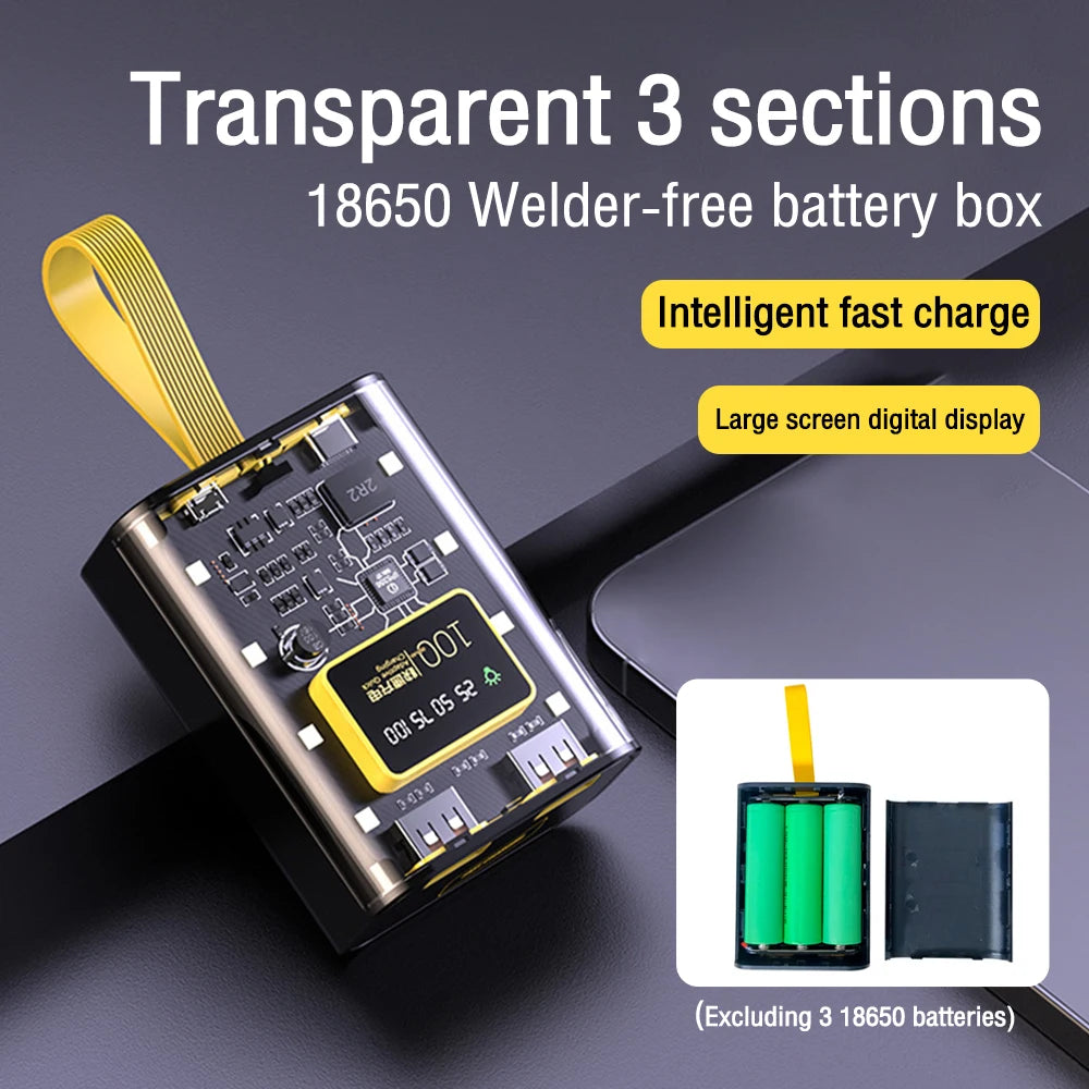 Transparent Mobile Power Bank with 3 18650 Battery Packs, No Welding Power Bank Kit, DIY Mobile Power Bank with Night Light