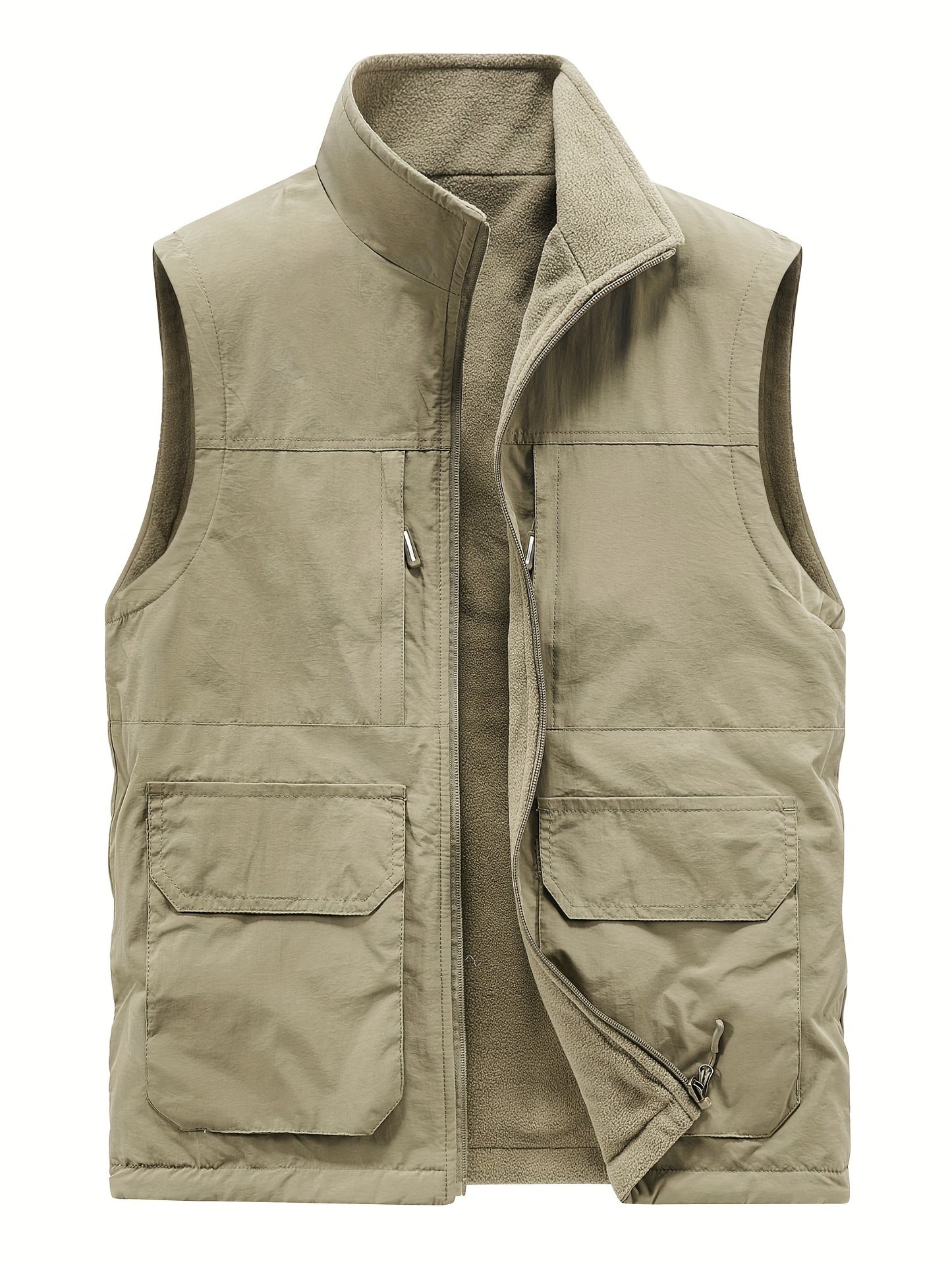 Multi Pockets Reversible Cargo Vest, Men's Casual Outwear Stand Collar Zip Up Vest For Outdoor Fishing Photography