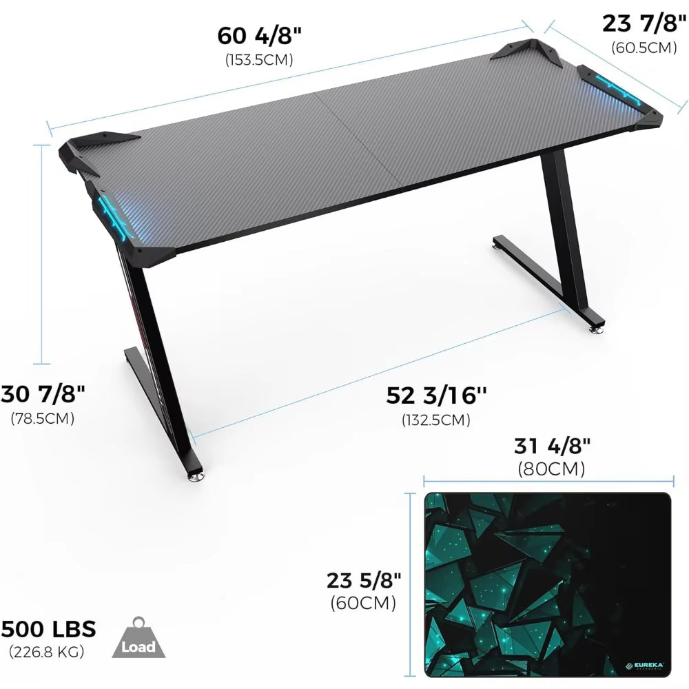 Z-Shaped Gaming Desk 60-Inch, RGB LED Computer Desk with Built-In Mouse Pad, Ergonomic PC Gaming Table