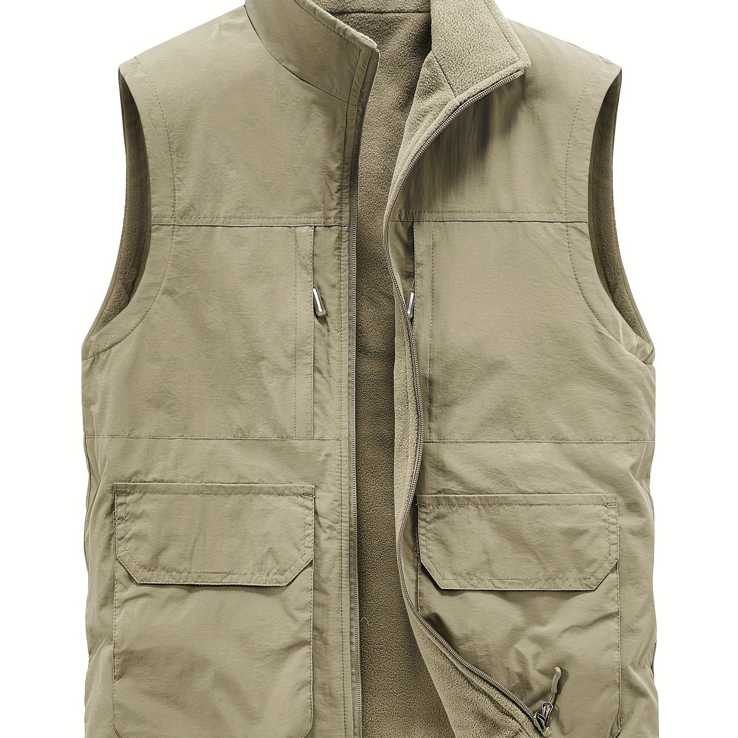 Multi Pockets Reversible Cargo Vest, Men's Casual Outwear Stand Collar Zip Up Vest For Outdoor Fishing Photography