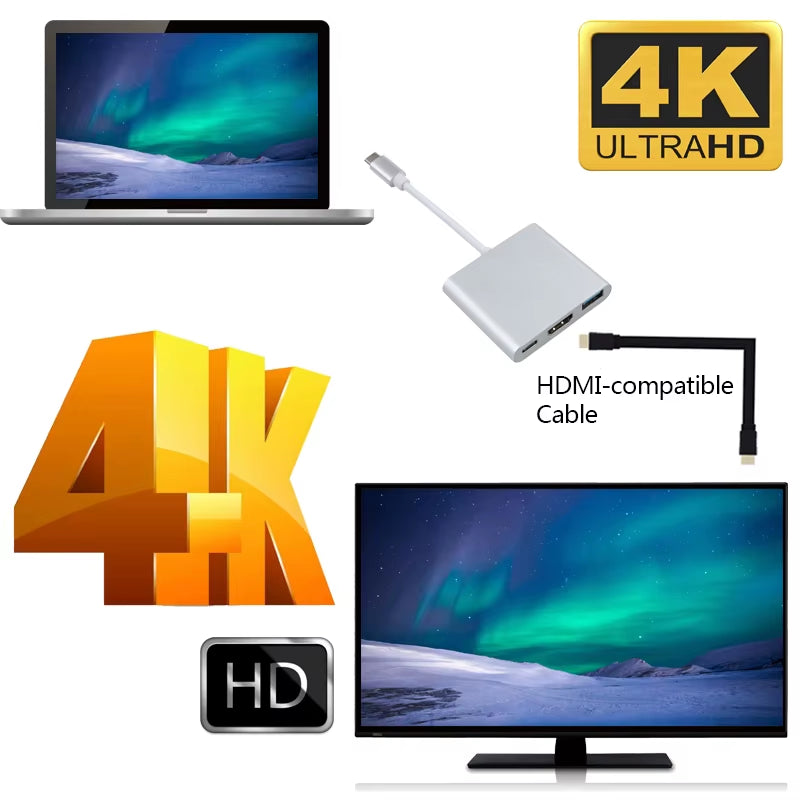 Type C to Hdmi-Compatible Converter Adapter Usbc to Hdmi-Compatible/Usb3.0/Type C Adapter Type-C HUB Aluminum for Macbook