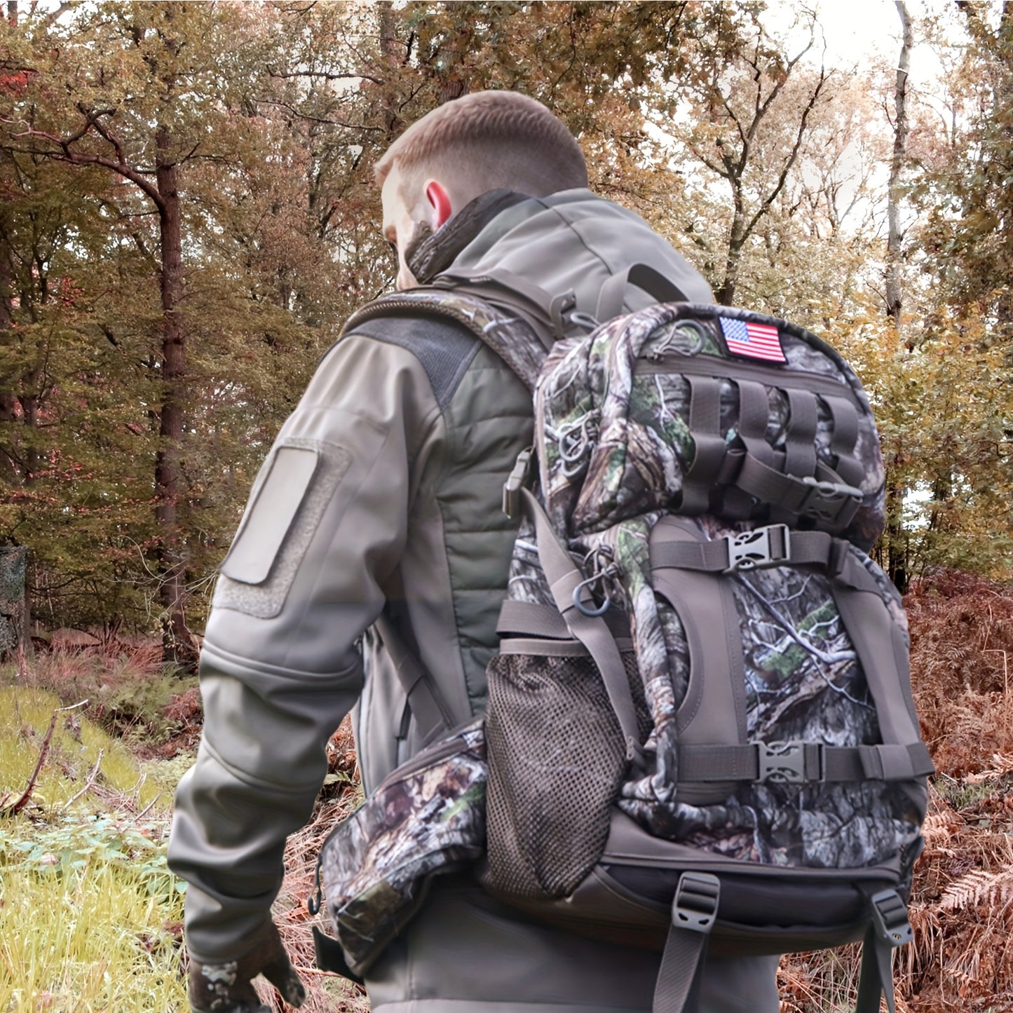 Moishow Hunting Backpack, Camo Hunting Backpacks for Men, Silent Hunting Pack with Bow & Rifle Holder, Hunting Day Pack for Rifle Bow Gun, Hunting Bag