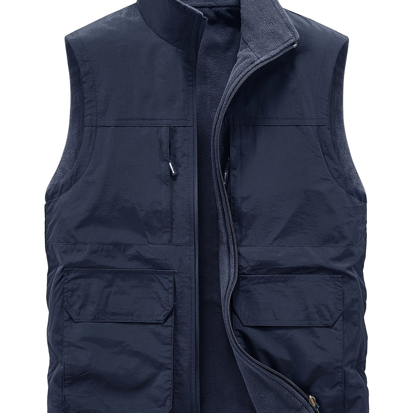 Multi Pockets Reversible Cargo Vest, Men's Casual Outwear Stand Collar Zip Up Vest For Outdoor Fishing Photography