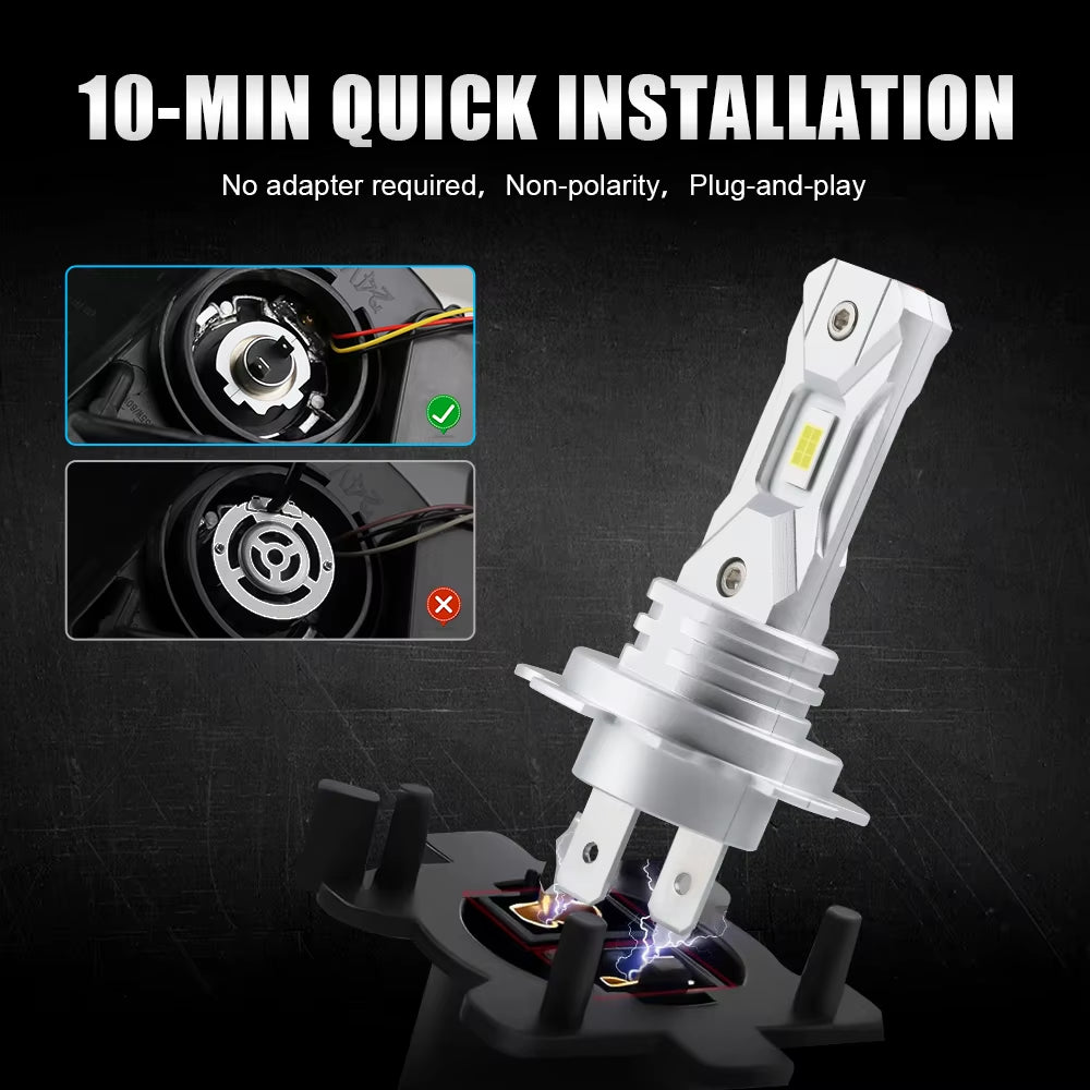 H7 LED Headlight Bulbs - 2 Pack, 12V, 18000LM, 60W, Mini Fanless Wireless Design, 5530 CSP, 6000K White Light