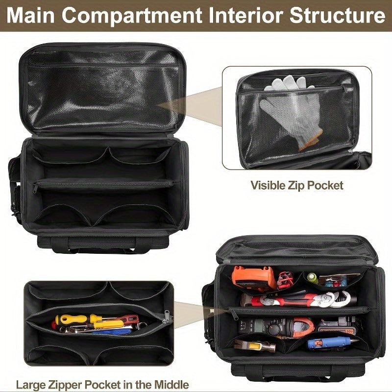 Heavy-duty 14-inch tactical tool bag with scratch-resistant bottom, durable black work case suitable for electricians, maintenance personnel, and craftsmen - essential multi-compartment tool storage pouch