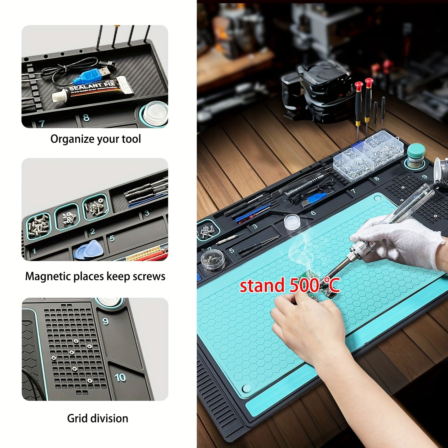 Wholesale Price Silicone/PVC Soldering Mat, Anti-slip Insulation Phone Repair Mat Screw Table Mat Set for Workbench Desk Maintenance Tools Divided Area, Heat Resistant Mat with Magnetic
