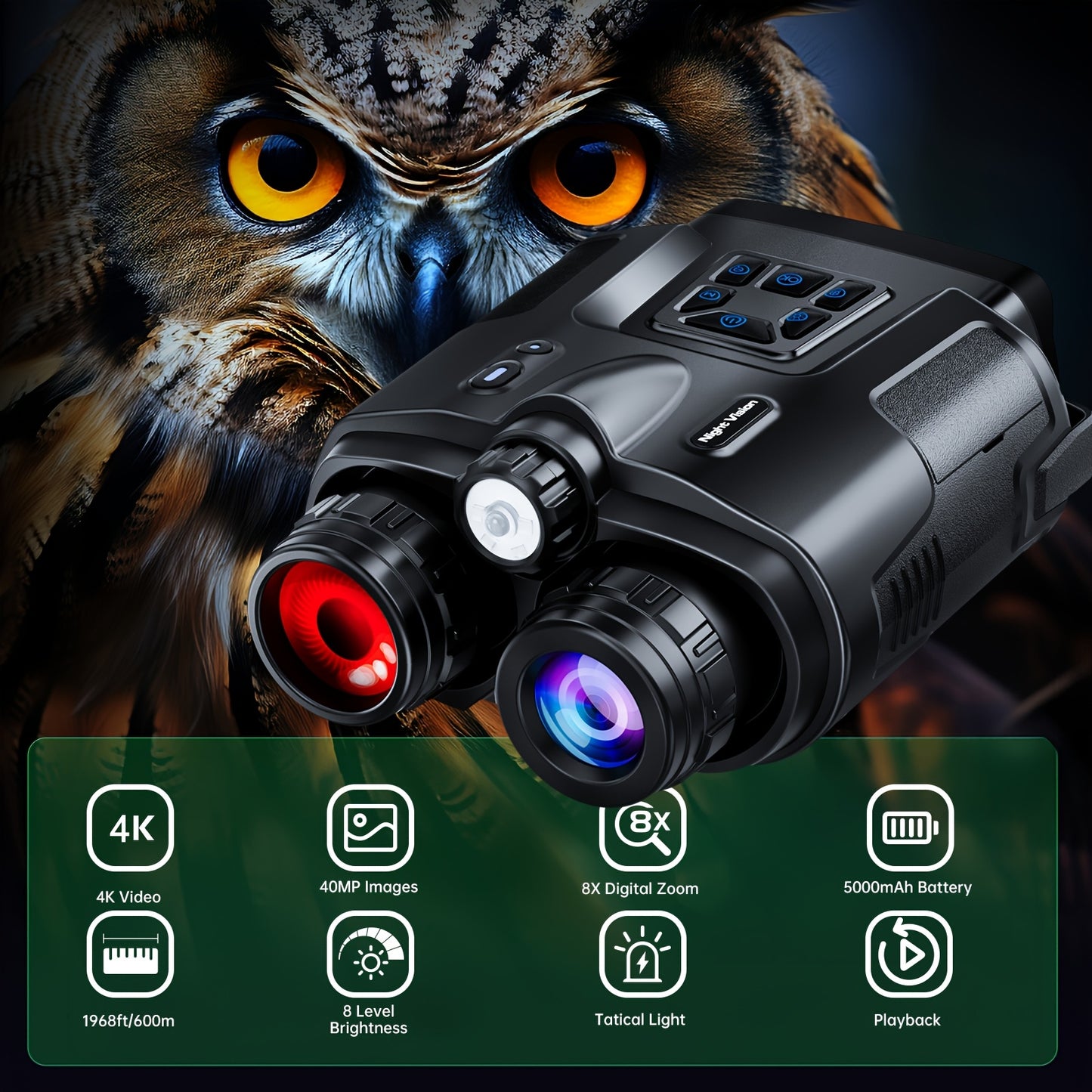 Upgraded 8x 4K Ultra HD Digital Night Vision Binoculars, 3-inch High Resolution Display, 5000mAh Battery And Safe And Reliable Tactical Flashlight - Perfect for Outdoor Night Adventures And Wildlife Spotting, Great Gift for M