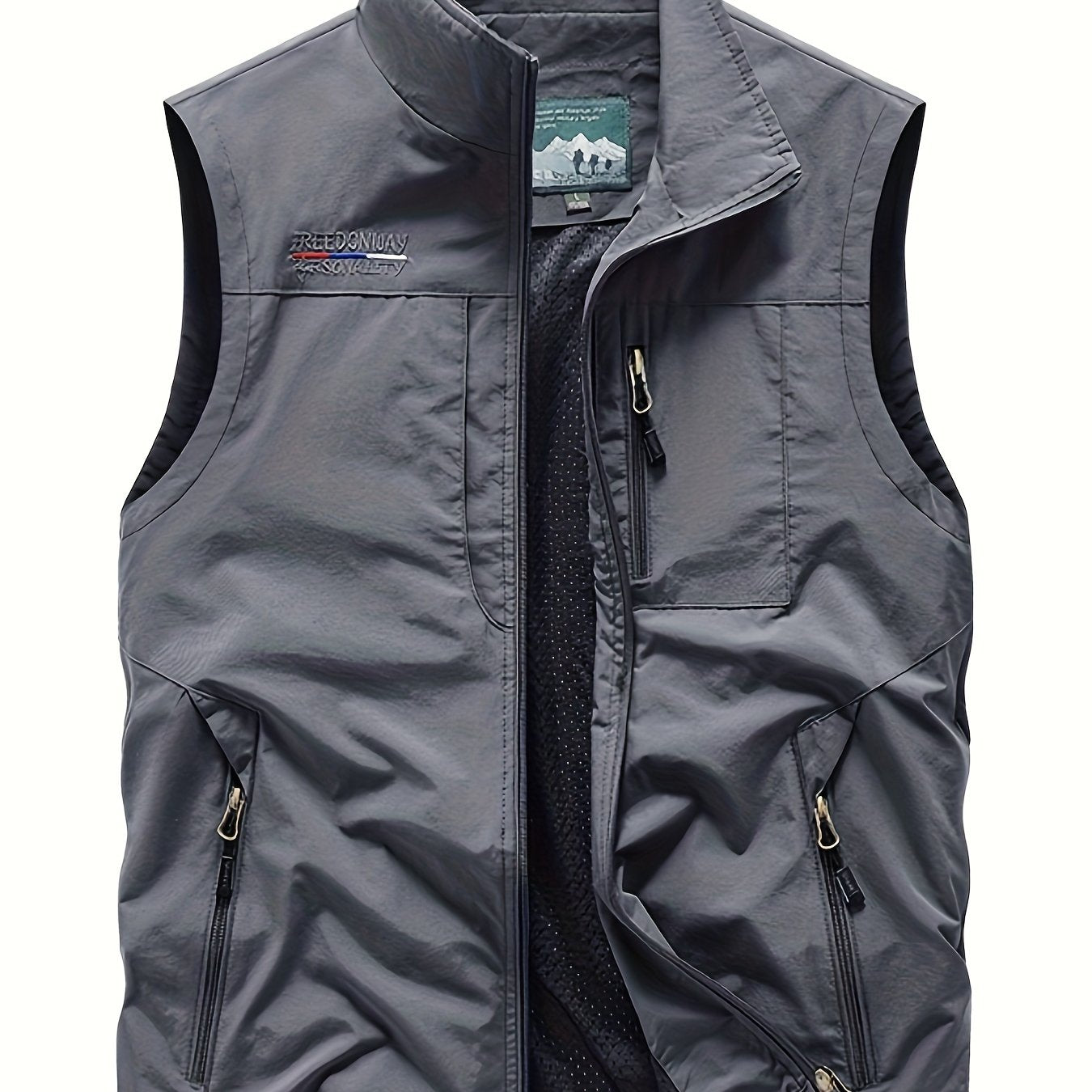 Zipper Pockets Cargo Vest, Men's Casual Outwear Stand Collar Zip Up Vest For Spring Summer Outdoor Fishing Photography