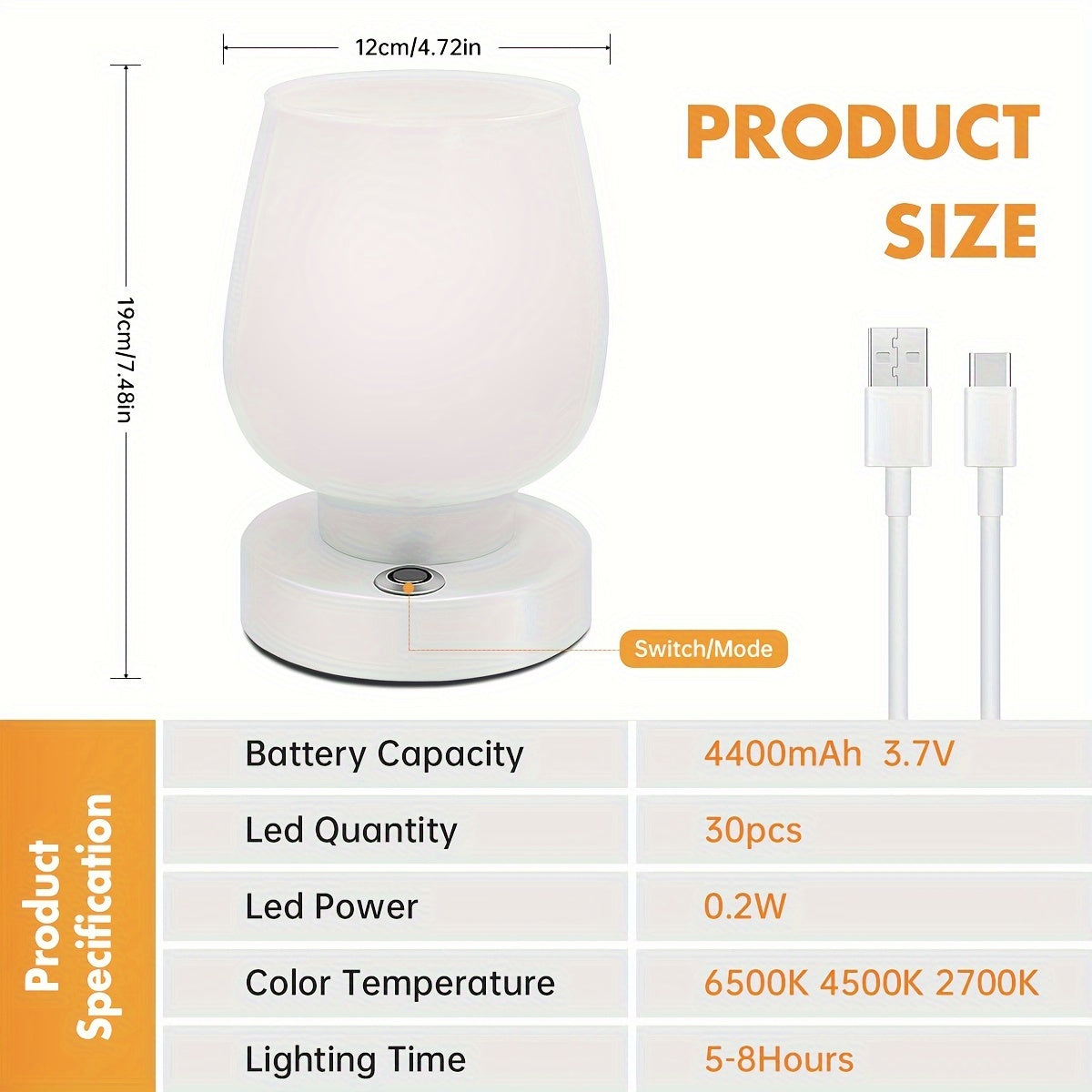 Rechargeable LED Desk Lamp with 3 Color Modes, Adjustable Brightness, Eye-Care Reading Light for Bedroom and Office