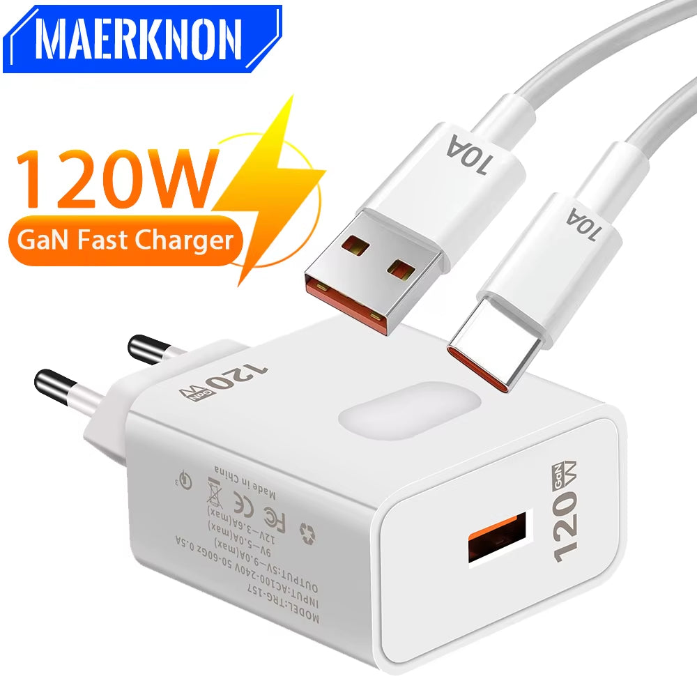 120W Gan USB C Charger QC3.0 Quick Charge Mobile Phones Charger Adaptor 10A Type C Cable for Xiaomi Samsung Iphone Fast Chargers
