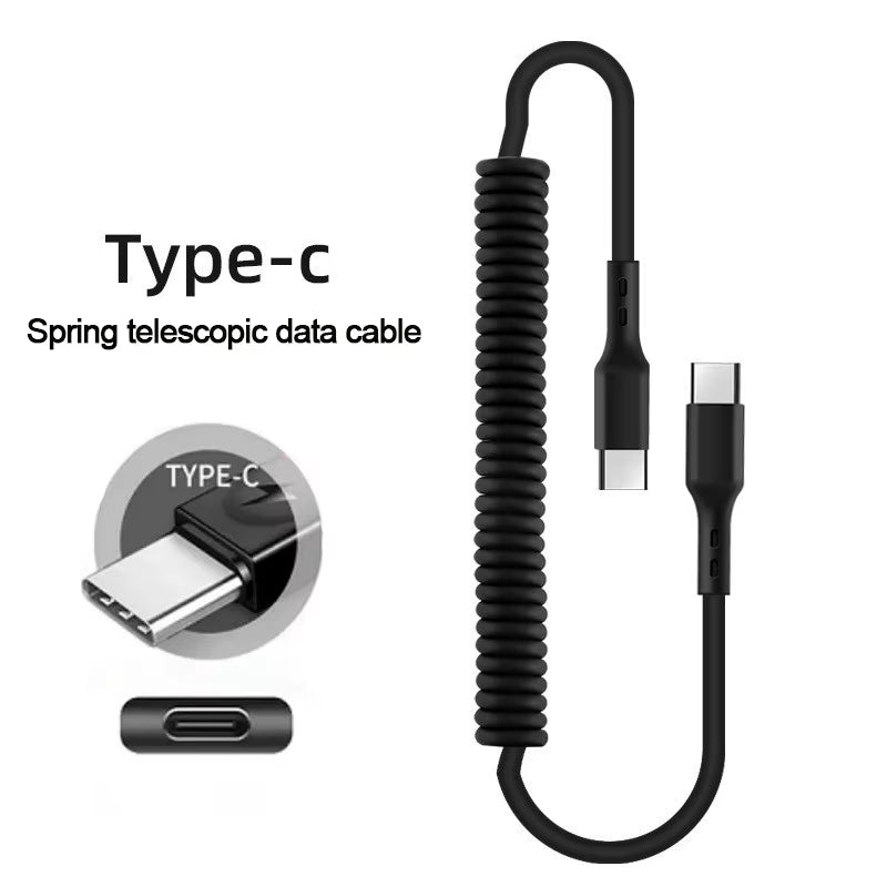 USB Type C 66W Car 5A Fast Charging Type C to Type C Spring Telescopic Cable for Iphone 15 Samsung Huawei Xiaomi Redmi Oneplus