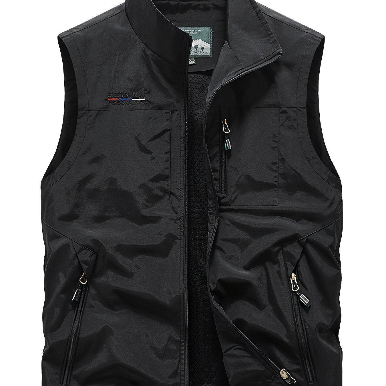 Zipper Pockets Cargo Vest, Men's Casual Outwear Stand Collar Zip Up Vest For Spring Summer Outdoor Fishing Photography