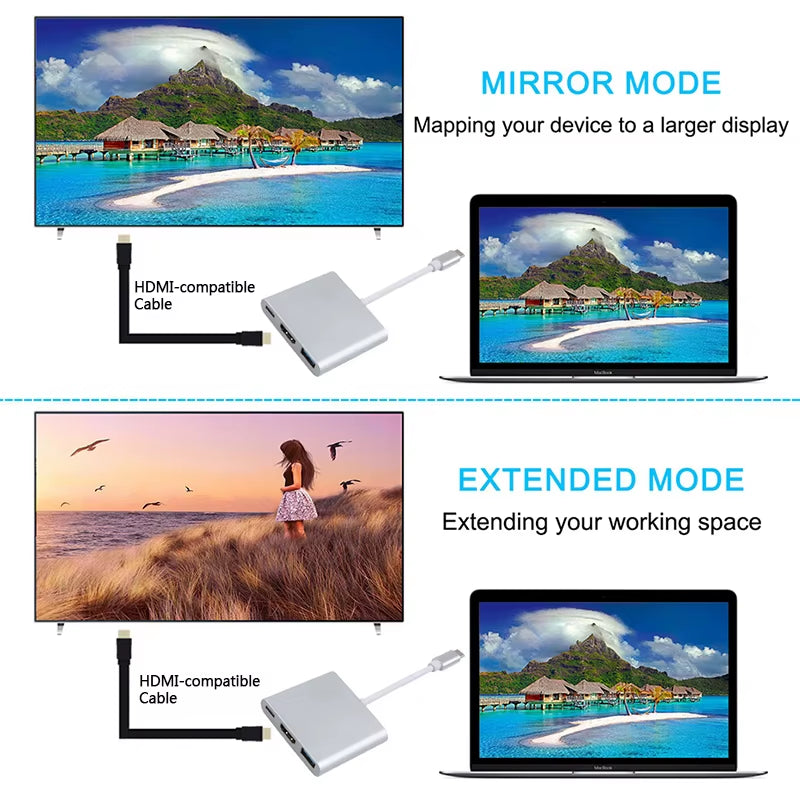 Type C to Hdmi-Compatible Converter Adapter Usbc to Hdmi-Compatible/Usb3.0/Type C Adapter Type-C HUB Aluminum for Macbook