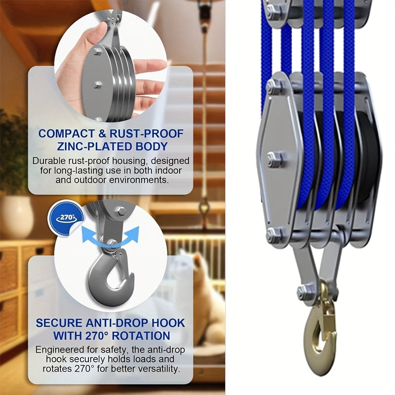 Upgraded Rope Pulley Lifter, 8:1 Elevating Force Pulley Set and Sliding System, Heavy-Duty Load Capacity, 19.81 meter Rope Lifting Machine for Hunting Garage Warehouse