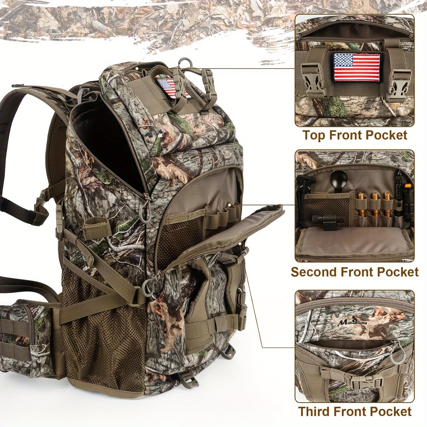 Hunting Backpack, Camo Hunting Pack with Rain Cover, Long-Lasting Large Capacity Hunting Day Pack for Rifle Bow Gun