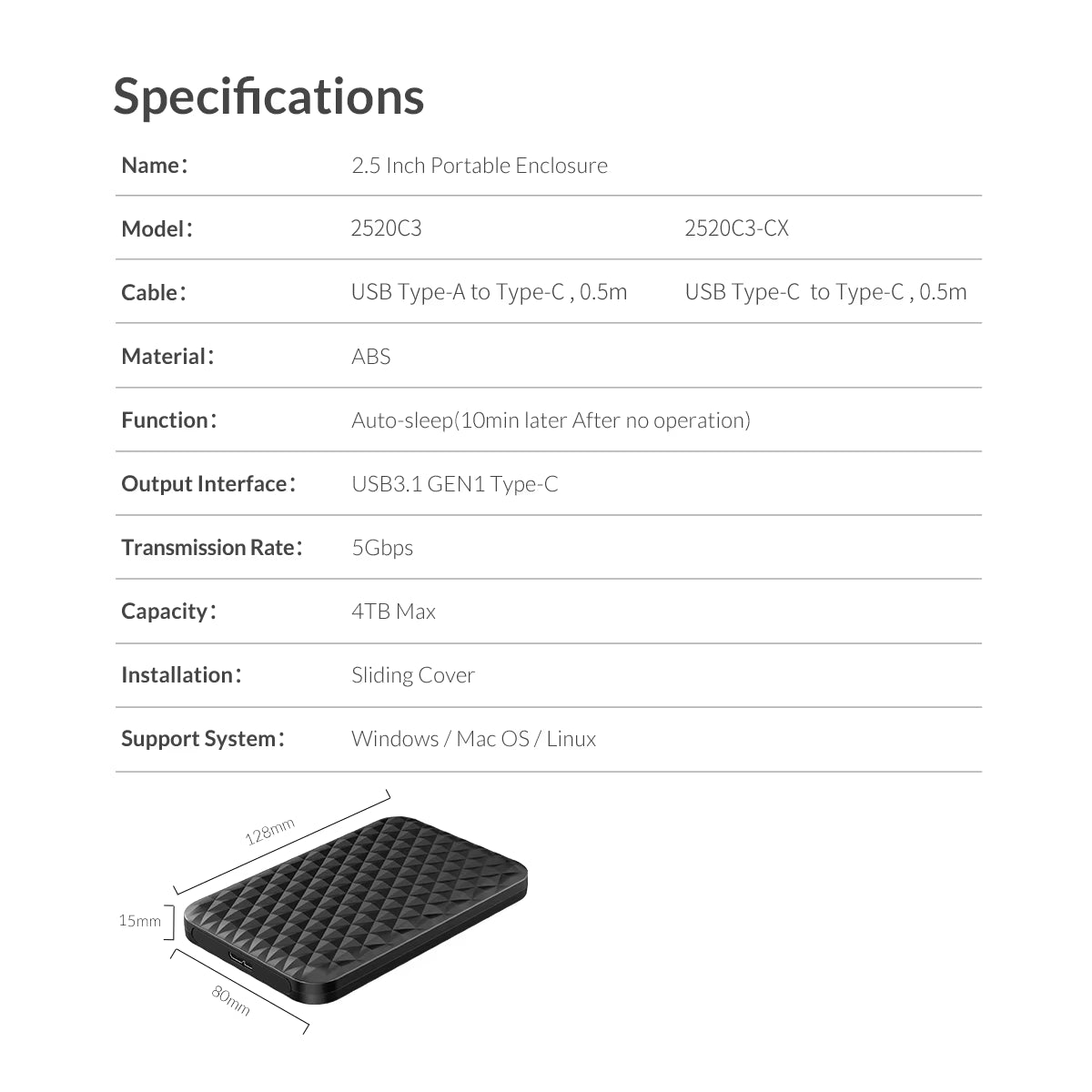 2.5 Inch HDD Case Type C External Hard Drive Case SATA to USB 3.1 HDD Enclosure Box for SATA HDD SSD Case Support UASP