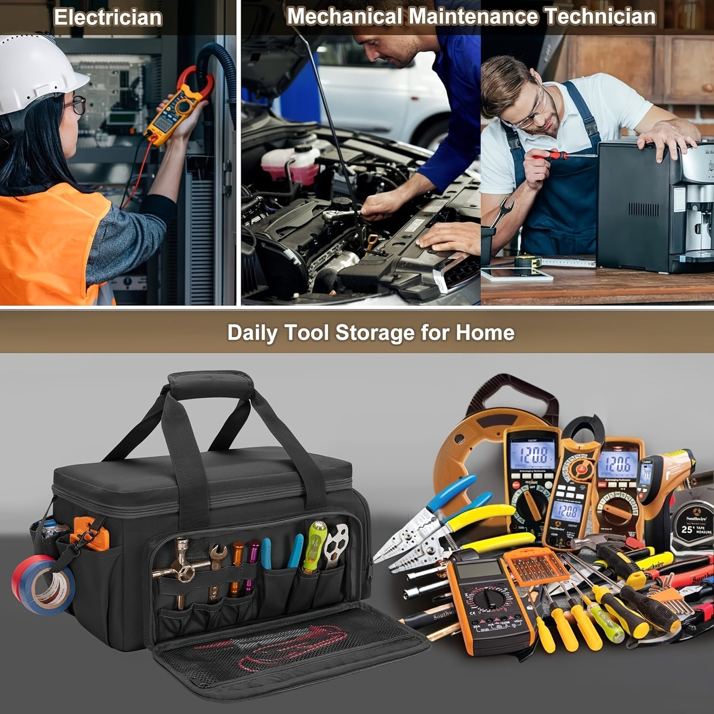 Heavy-duty 14-inch tactical tool bag with scratch-resistant bottom, durable black work case suitable for electricians, maintenance personnel, and craftsmen - essential multi-compartment tool storage pouch
