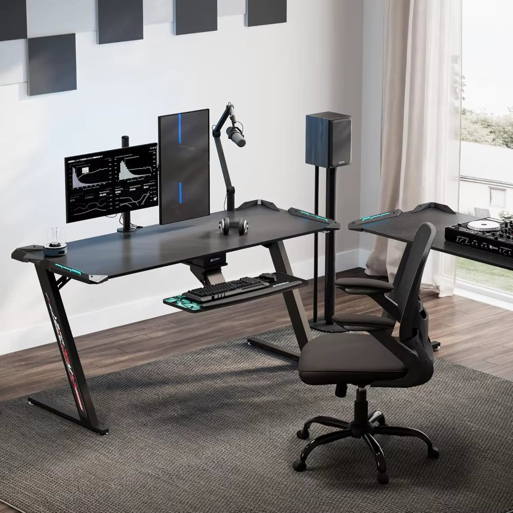 Z-Shaped Gaming Desk 60-Inch, RGB LED Computer Desk with Built-In Mouse Pad, Ergonomic PC Gaming Table