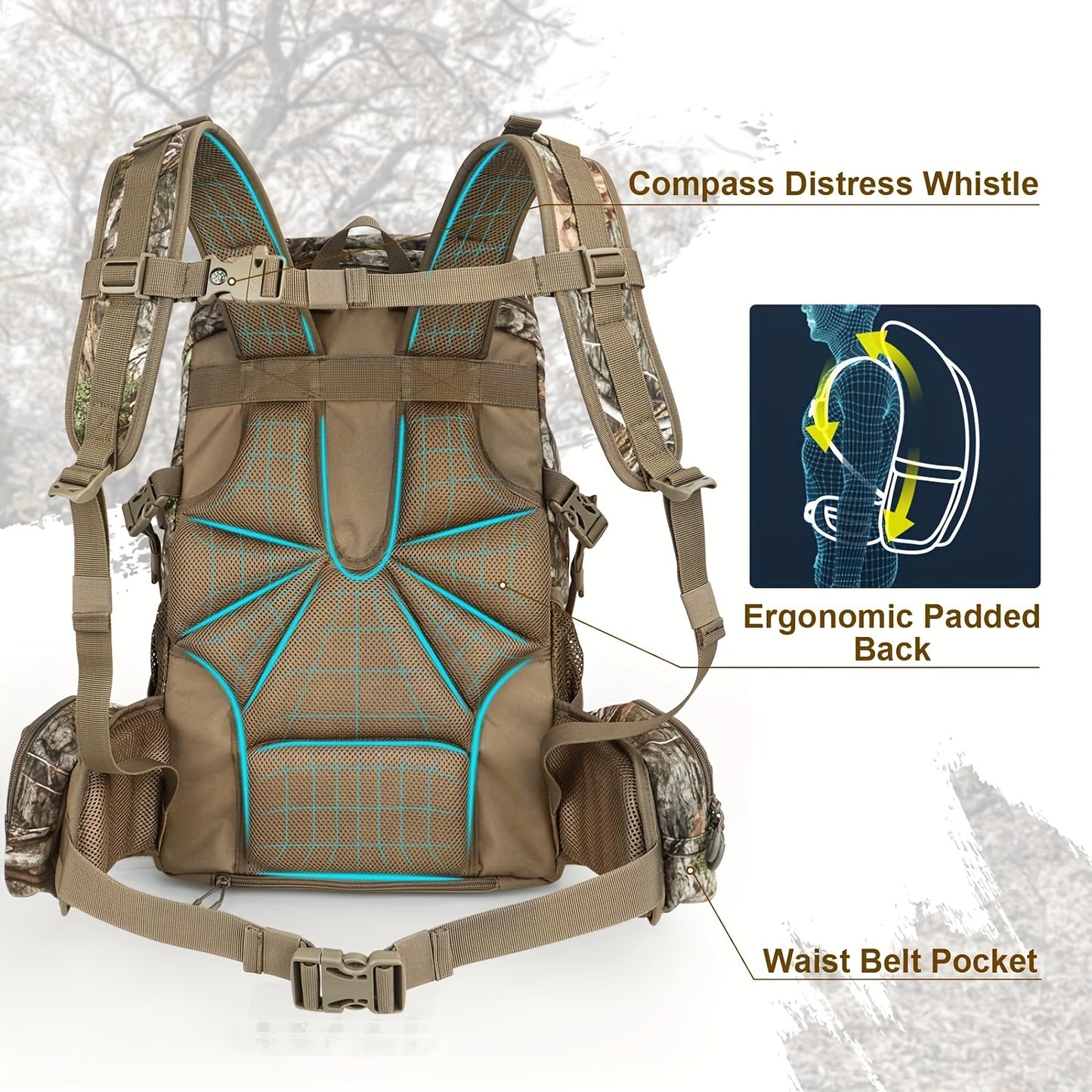 Hunting Backpack, Camo Hunting Pack with Rain Cover, Long-Lasting Large Capacity Hunting Day Pack for Rifle Bow Gun