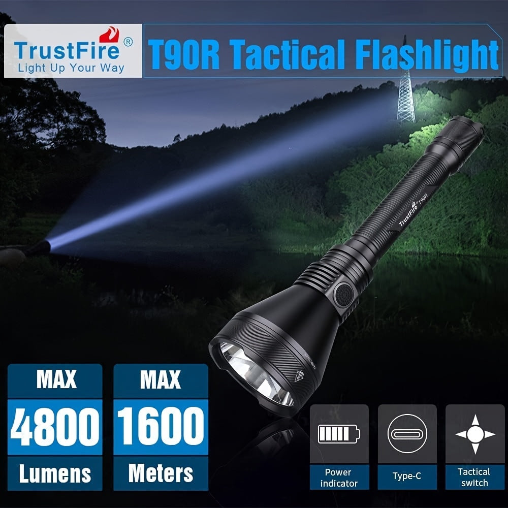 TrustFire T90R 4800 Lumen Tactical Flashlight Rechargeable LED Hunting Flashlight, 1600 Meter USB Rechargeable Tactical Flashlight For Hunting Tactical Flashlight For Search And Rescue Emergency Flashlight Tactical Flashlight