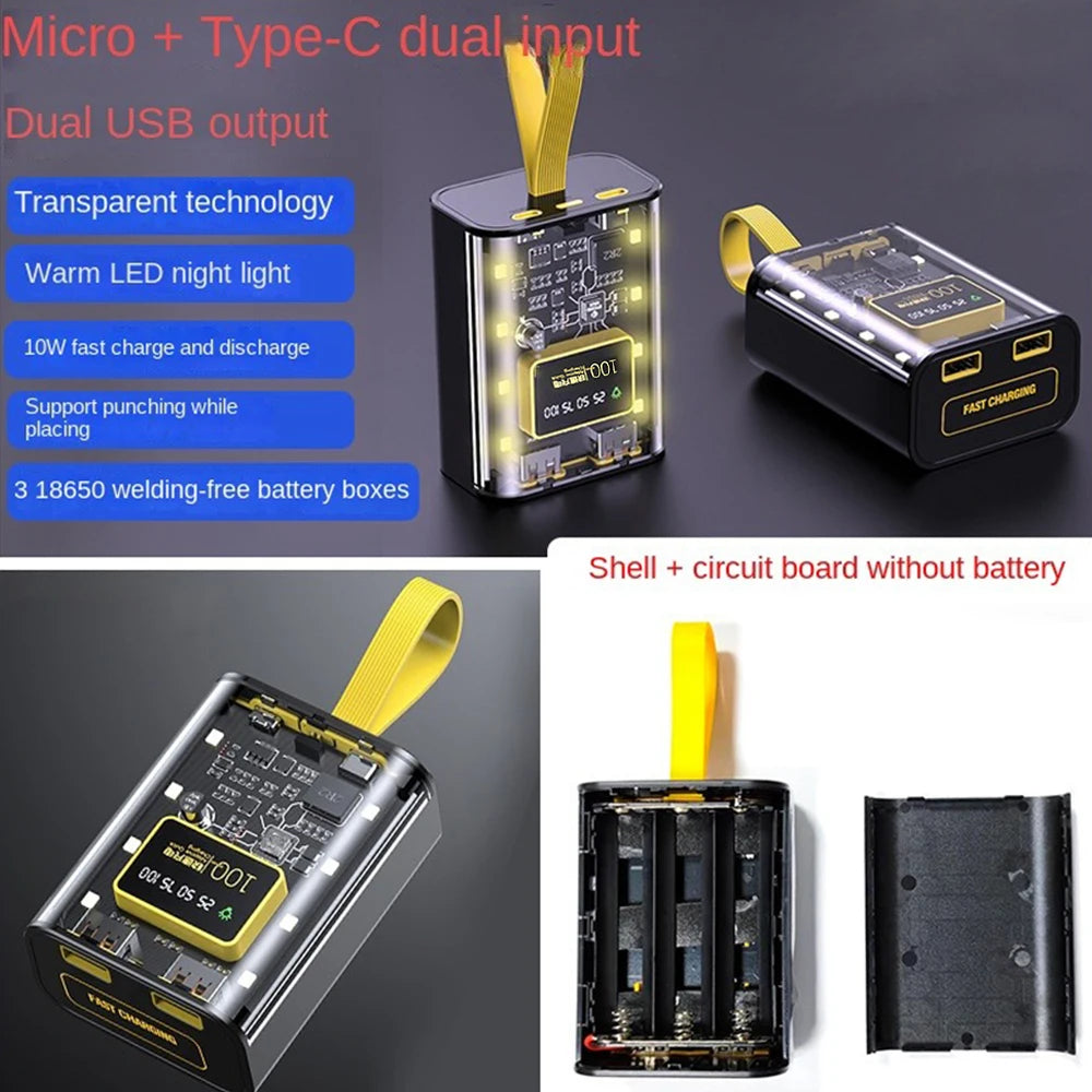 Transparent Mobile Power Bank with 3 18650 Battery Packs, No Welding Power Bank Kit, DIY Mobile Power Bank with Night Light
