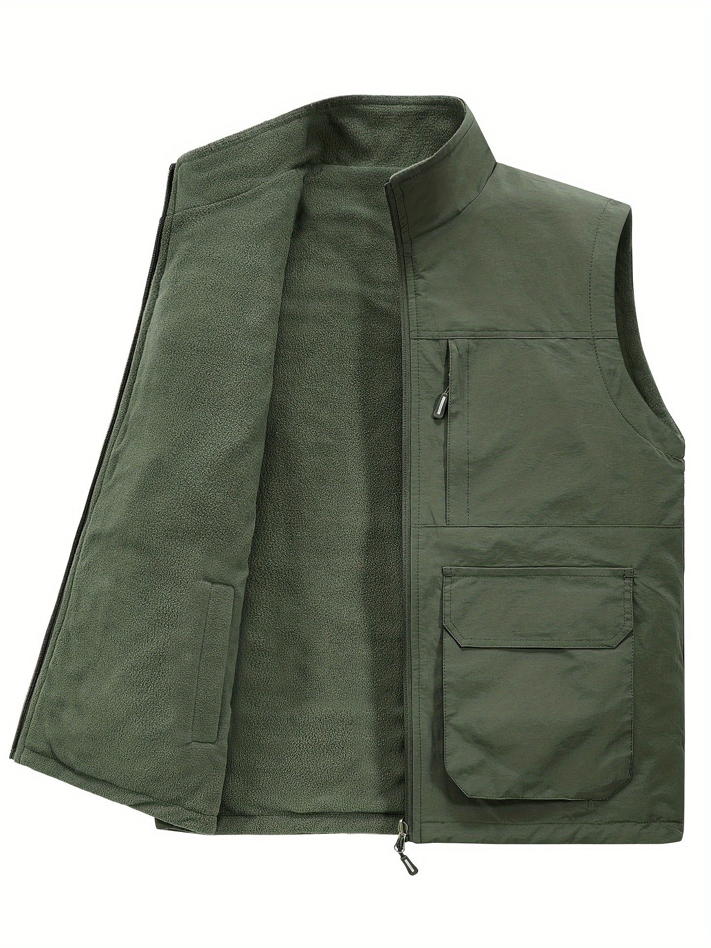 Multi Pockets Reversible Cargo Vest, Men's Casual Outwear Stand Collar Zip Up Vest For Outdoor Fishing Photography