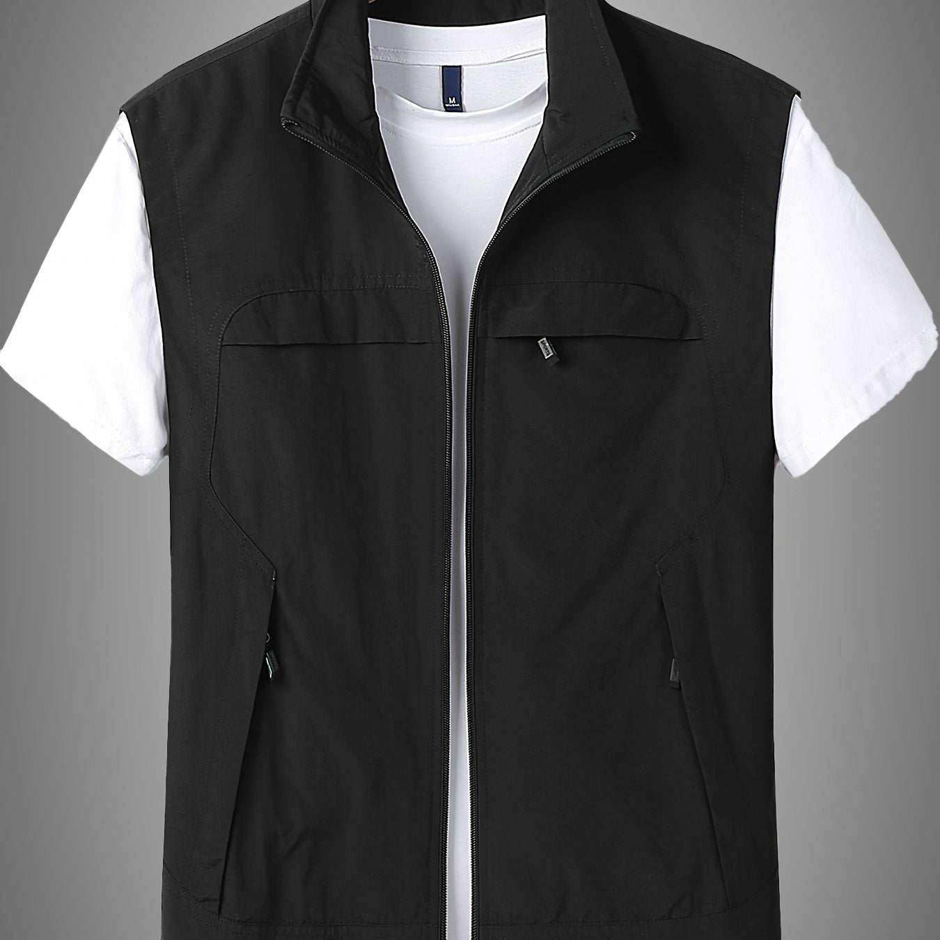 Solid Casual Nylon Men's Zip Up Sleeveless Vest Jacket, Men's Breathable Summer Outdoor Jacket With Multiple Zipper Pockets, Hiking Fishing Camping