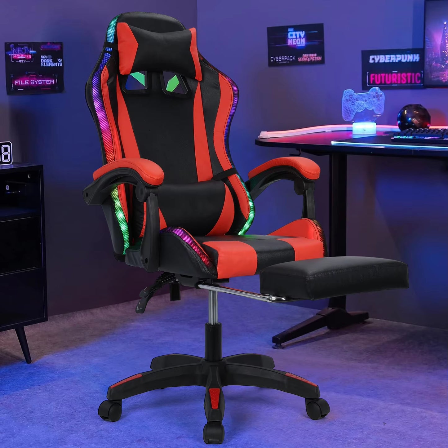 Gaming Chair with Bluetooth-Compatible Speakers and RGB LED Lights Massage Computer Gaming Chair with Height Adjustable