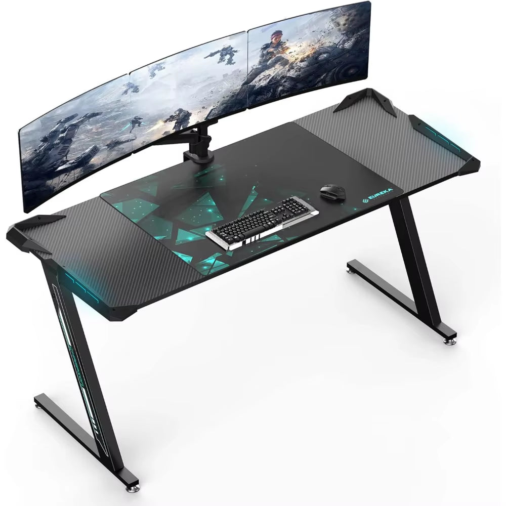 Z-Shaped Gaming Desk 60-Inch, RGB LED Computer Desk with Built-In Mouse Pad, Ergonomic PC Gaming Table