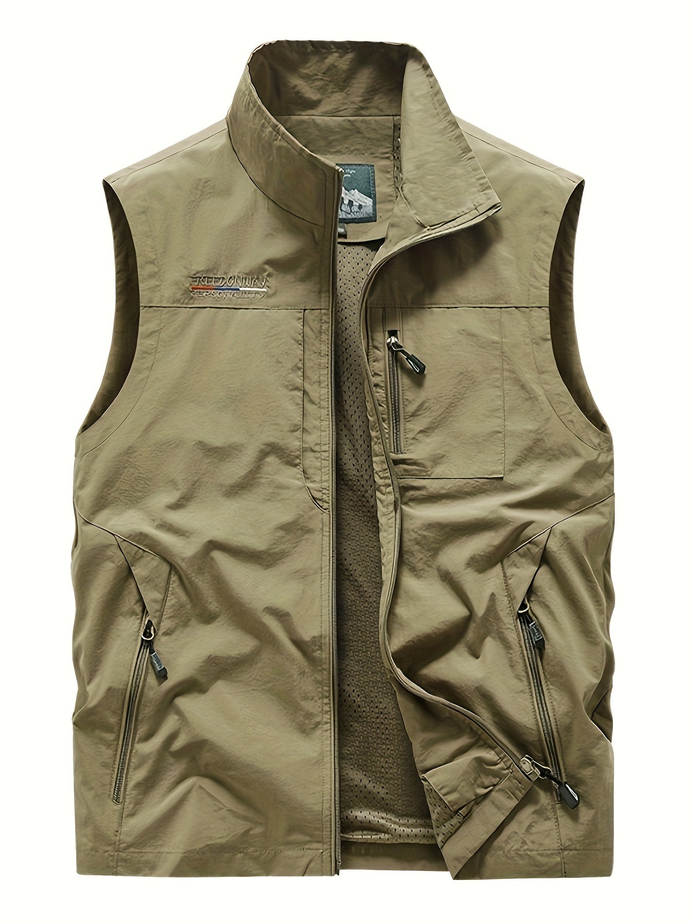 Zipper Pockets Cargo Vest, Men's Casual Outwear Stand Collar Zip Up Vest For Spring Summer Outdoor Fishing Photography