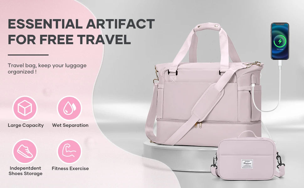 Gym Bag for Women, Large Travel Duffel Bag, Weekender Overnight Bag with Wet Pocket and Shoes Compartment for Travel, Gym, Yoga
