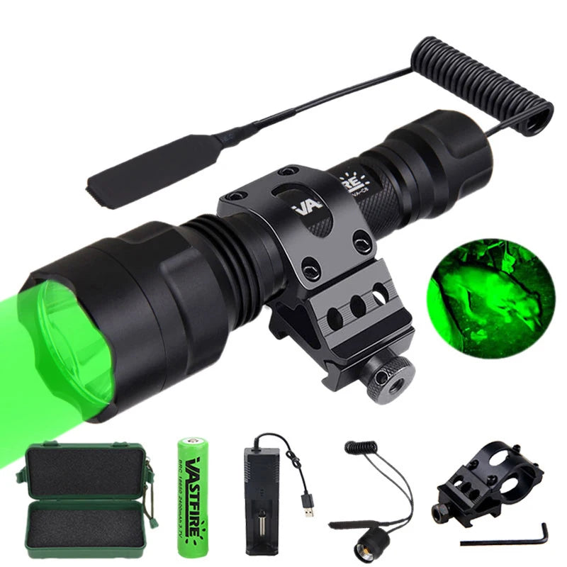 Tactical Hunting Flashlight 1 Mode Torch with Weaver Rail Scope Mount+Pressure Switch+18650 Battery+USB Charger