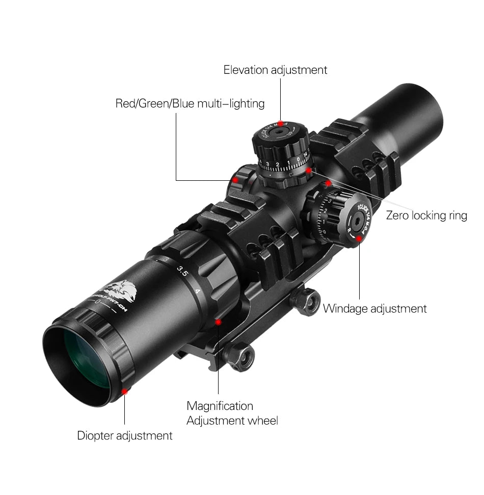 FIRE WOLF 1.5-4X30 Hunting Tactical Optical Rifle Scope with Red Green Illuminated Cross Turret lock Scope Range Airsoft Mirror