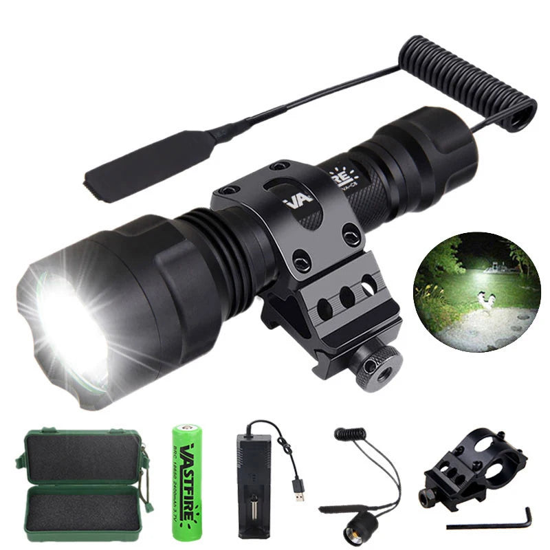 Tactical Hunting Flashlight 1 Mode Torch with Weaver Rail Scope Mount+Pressure Switch+18650 Battery+USB Charger